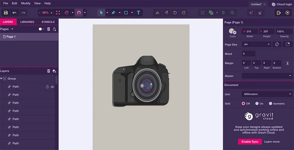 Benutzeroberfläche von Gravit Designer