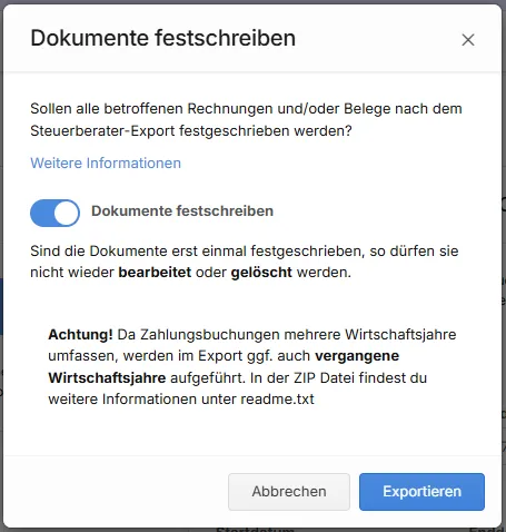 Bestätigung des sevdesk Datenexports mit Option zum Festschreiben der Dokumente