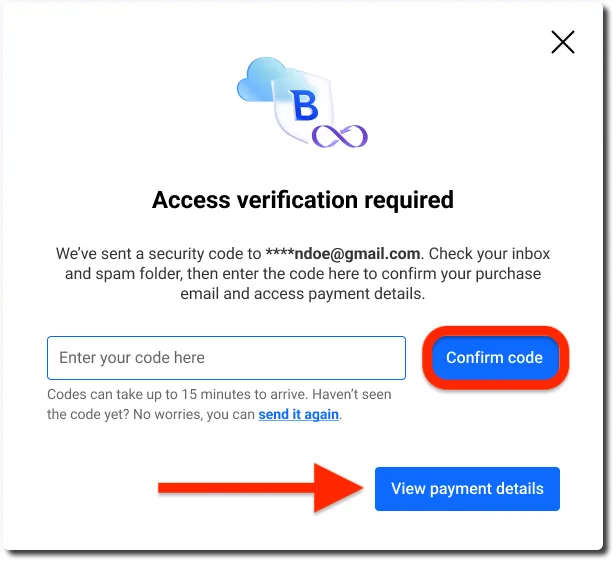 Bestätigungscode zur Anzeige der Zahlungsdetails eingeben