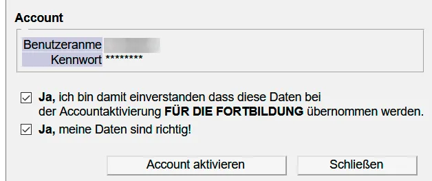 Bestätigungsfeld für die Account-Aktivierung