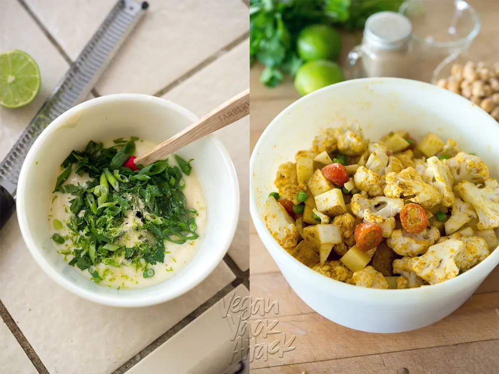 Bildercollage zur Zubereitung der Kräuter-Joghurtsauce und des Würzens von Gemüse mit Currygewürz