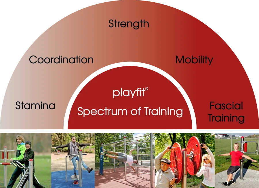 Bildmontage des playfit Trainingsspektrums. Zu sehen sind die 5 verschiedenen Bereiche: Ausdauer, Koordination, Kraft, Beweglichkeit, Faszientraining.