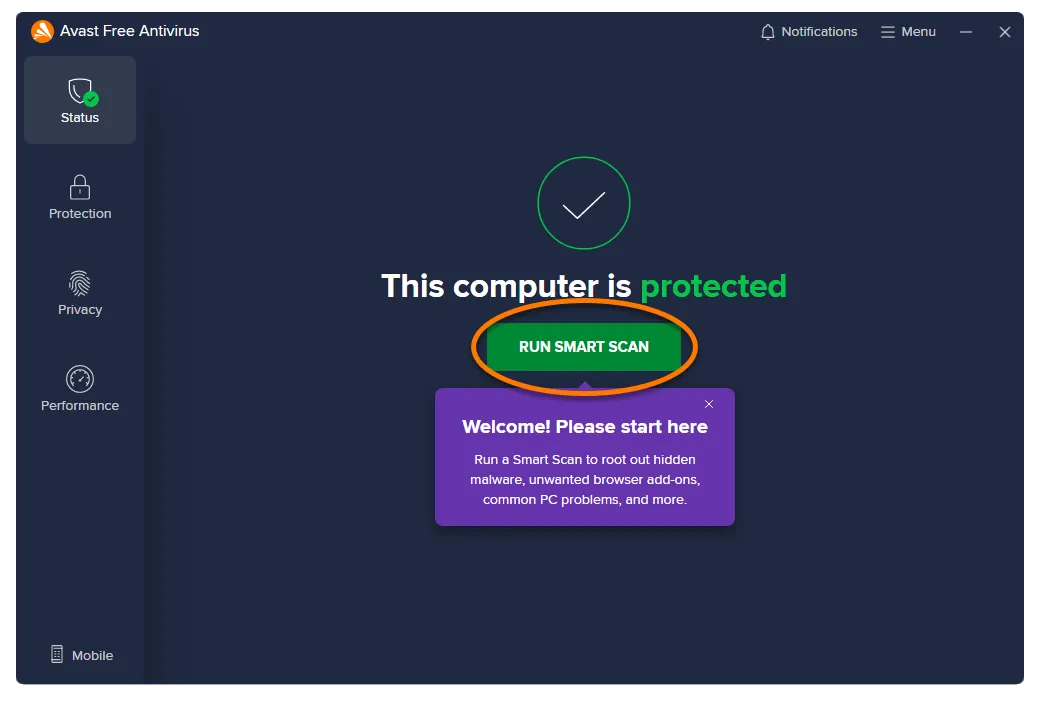 Bildschirm "Installation abgeschlossen" mit der Option "Smart Scan ausführen"