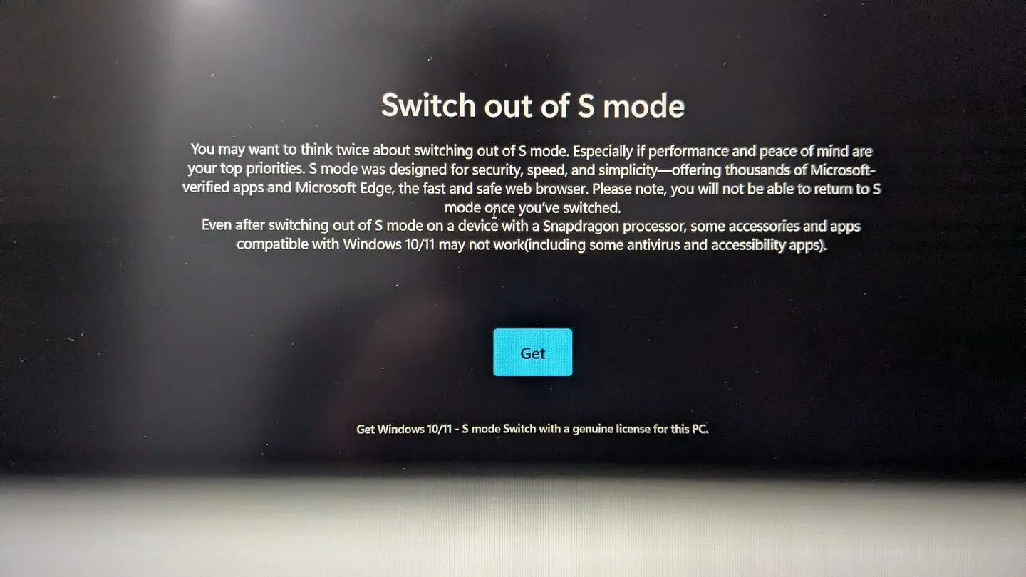 Bildschirm zur Bestätigung des Wechsels aus dem S-Modus