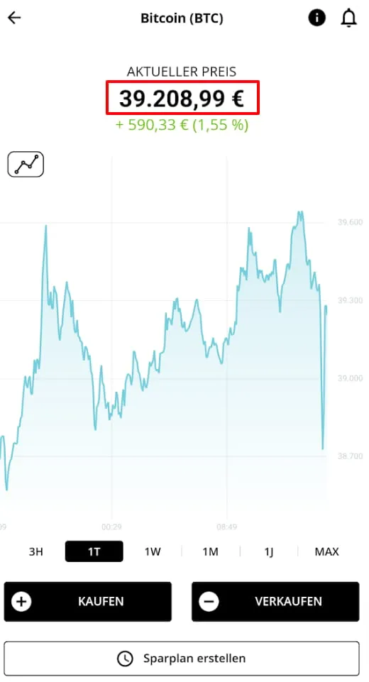 Bitcoin Preis in der Bison-App