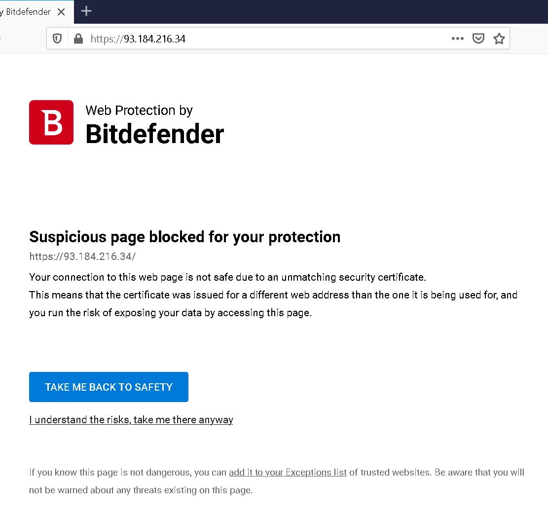 Bitdefender Fehlerseite bei nicht übereinstimmendem Sicherheitszertifikat