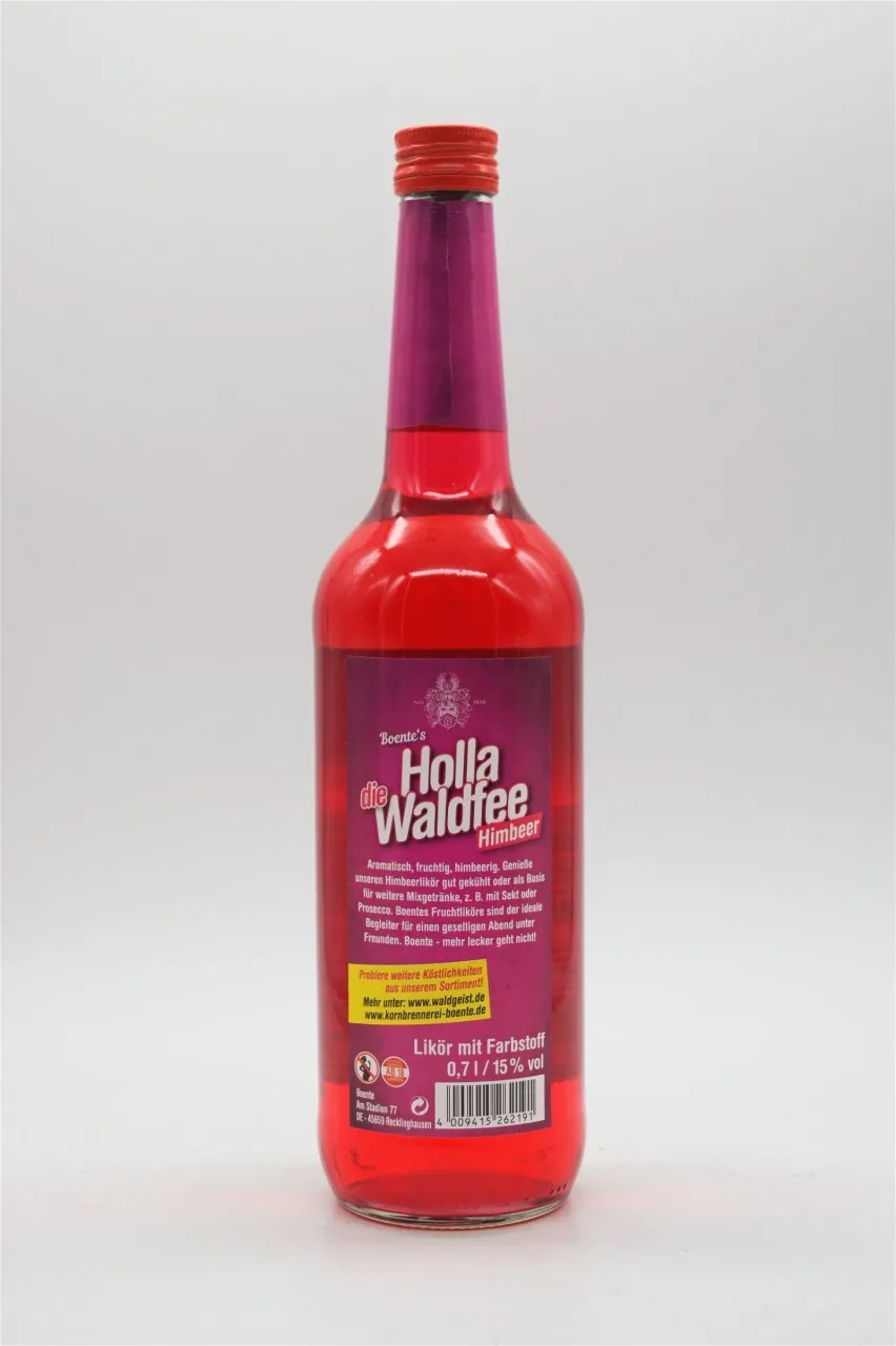 Boentes Holla die Waldfee Himbeerlikör Flasche und Früchte