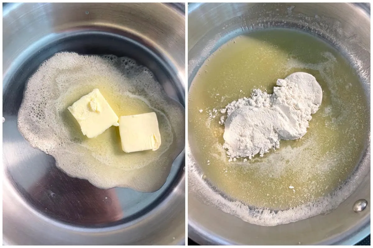 Butter schmilzt in einem Topf auf dem Herd, bereit für die Zubereitung der Soße