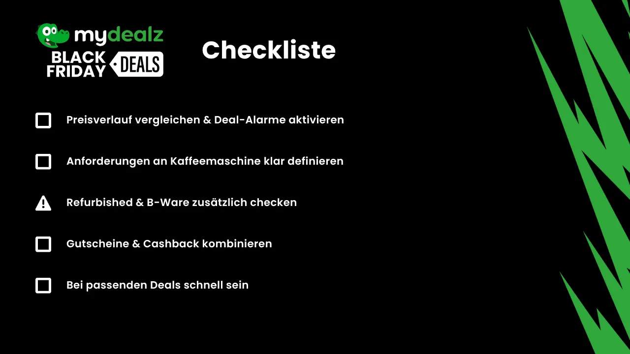 Checkliste zum Kaffeemaschinen Black Friday 2025 mit Tipps zu Preisvergleichen, Cashback, Refurbished-Geräten und Deal-Alarmen.