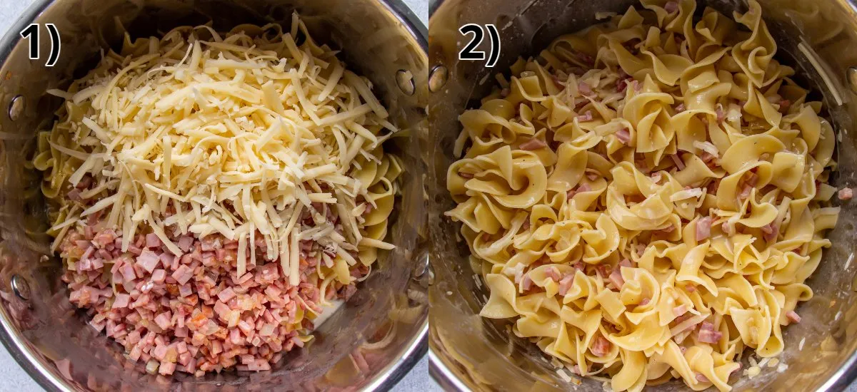 Collage: Vorher- und Nachher-Bilder des Vermischens von Schinken und Käse mit Eiernudeln in einem Topf