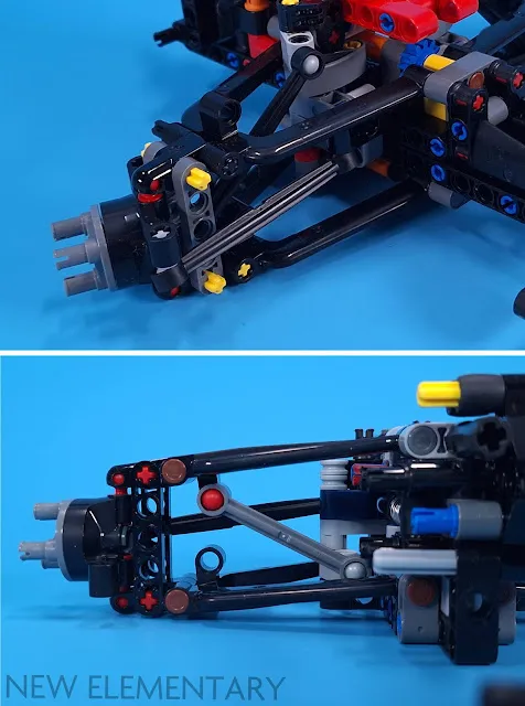 comparison of suspension design in Lego Technic F1 Car sets 42206 Oracle Red Bull Racing RB20 and 42207 Ferrari SF-24
