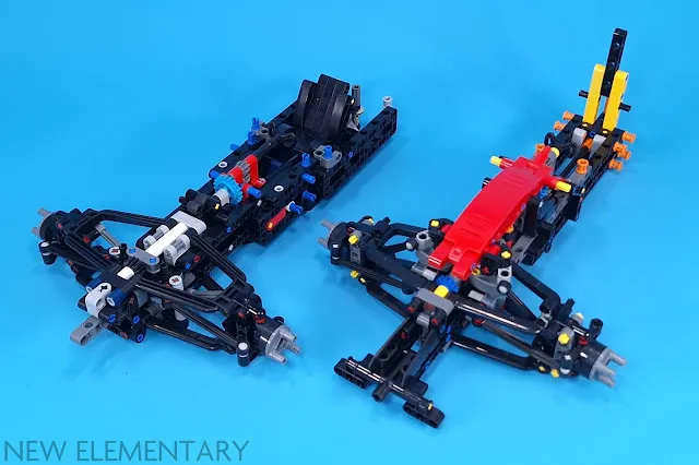 completed front sections of chassis of Lego Technic F1 Car sets 42206 Oracle Red Bull Racing RB20 and 42207 Ferrari SF-24 compared