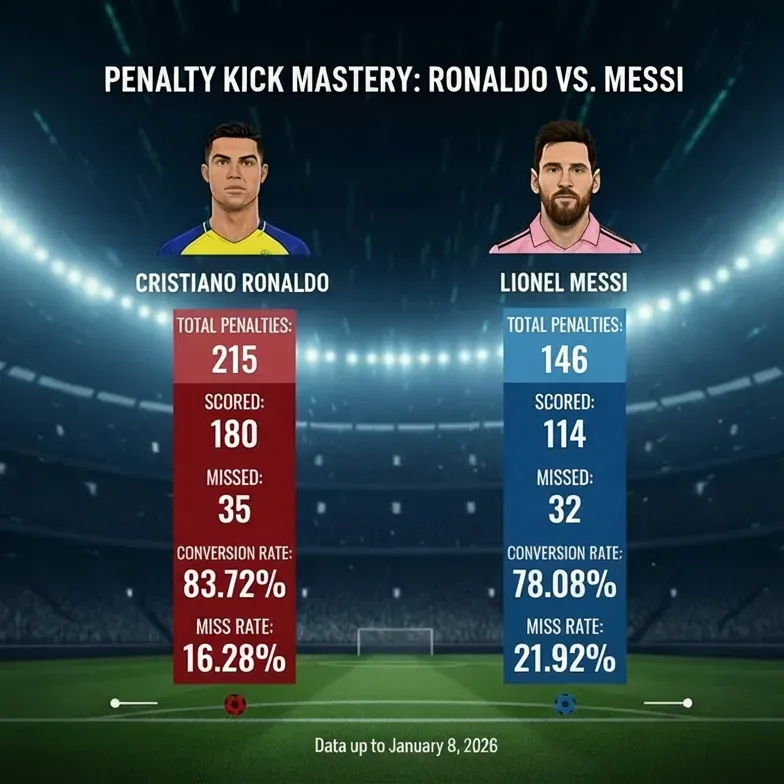 Cristiano Ronaldo und Lionel Messi Elfmeterstatistiken mit Umwandlungsrate