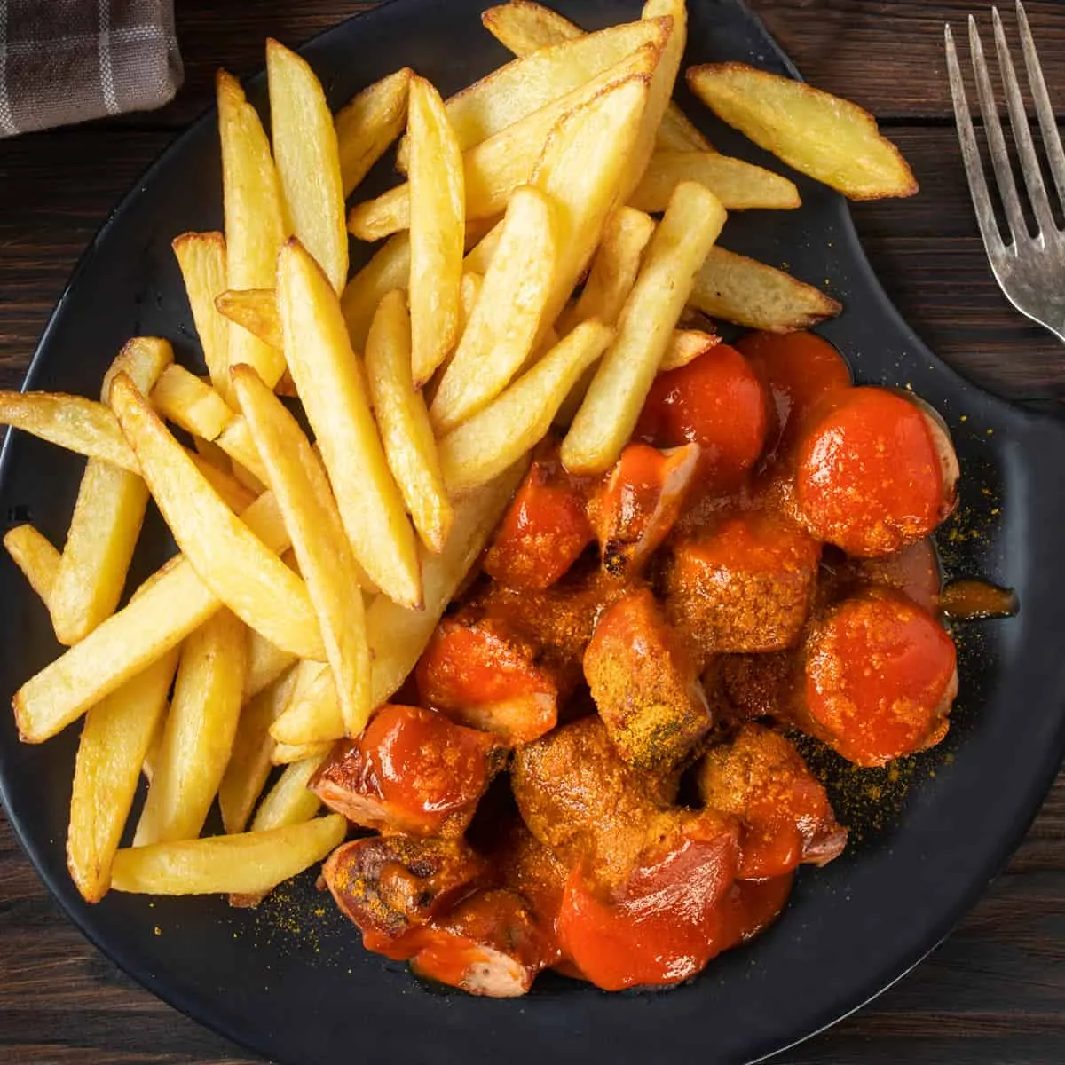 Currywurst mit hausgemachter Currysoße und Pommes Frites