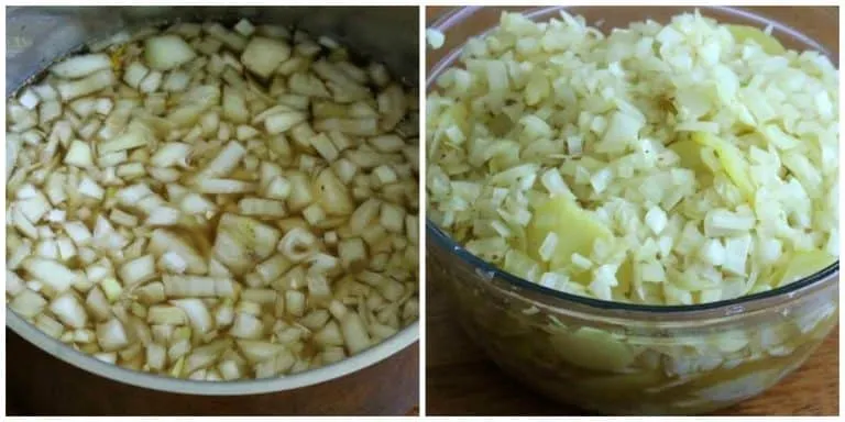 Das Hinzufügen von gehackten Zwiebeln zur Brühe-Mischung