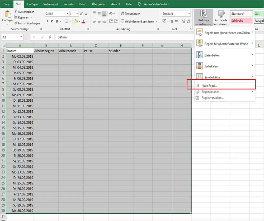 Das Menü "Bedingte Formatierung" in Excel, geöffnet auf "Neue Regel..."