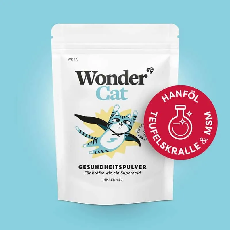 Das Produkt WonderCat, ein blaues Paket, das die Gesundheit der Katze fördert