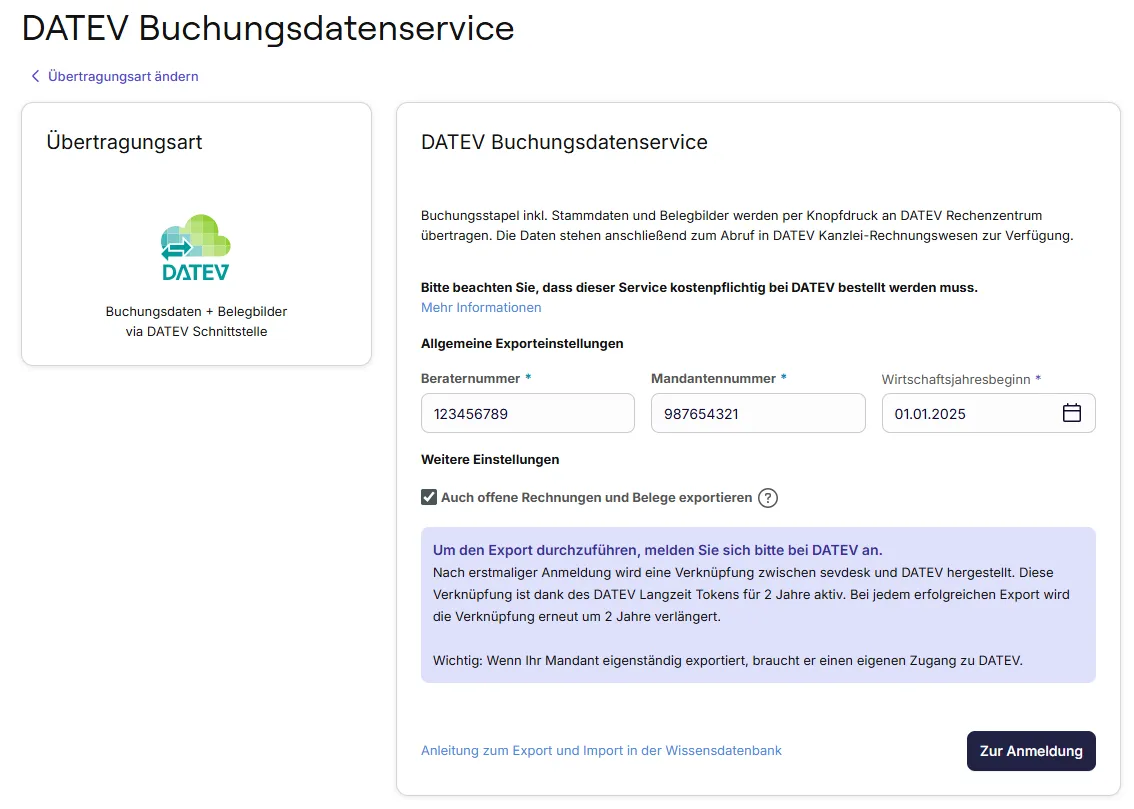 DATEV Buchungsdatenservice Anmeldung und Eingabe der Daten
