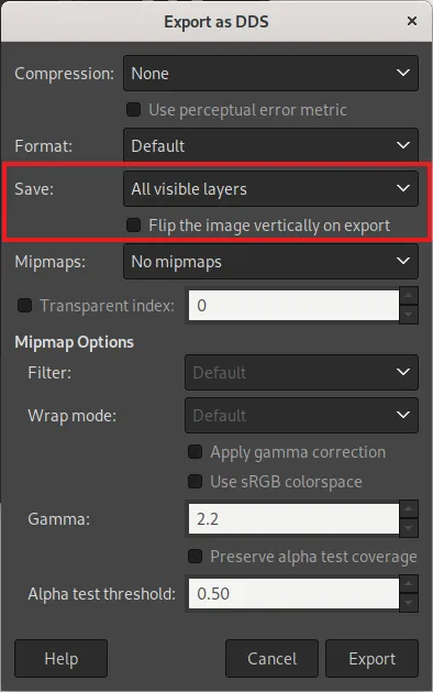 DDS Export in GIMP 2.10.32: neue Optionen für "Spiegeln" und "Alle sichtbaren Ebenen"
