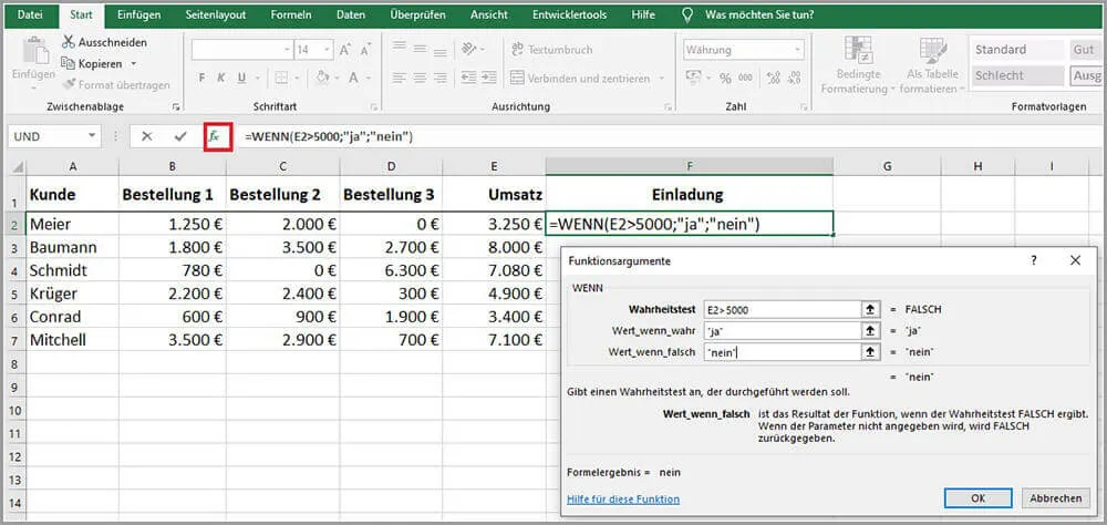 Der Funktionsassistent von Excel zur schrittweisen Eingabe einer Formel.