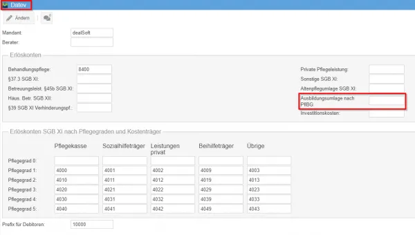 Detailansicht zur Änderung der DATEV-Konten und Erfassung der Daten