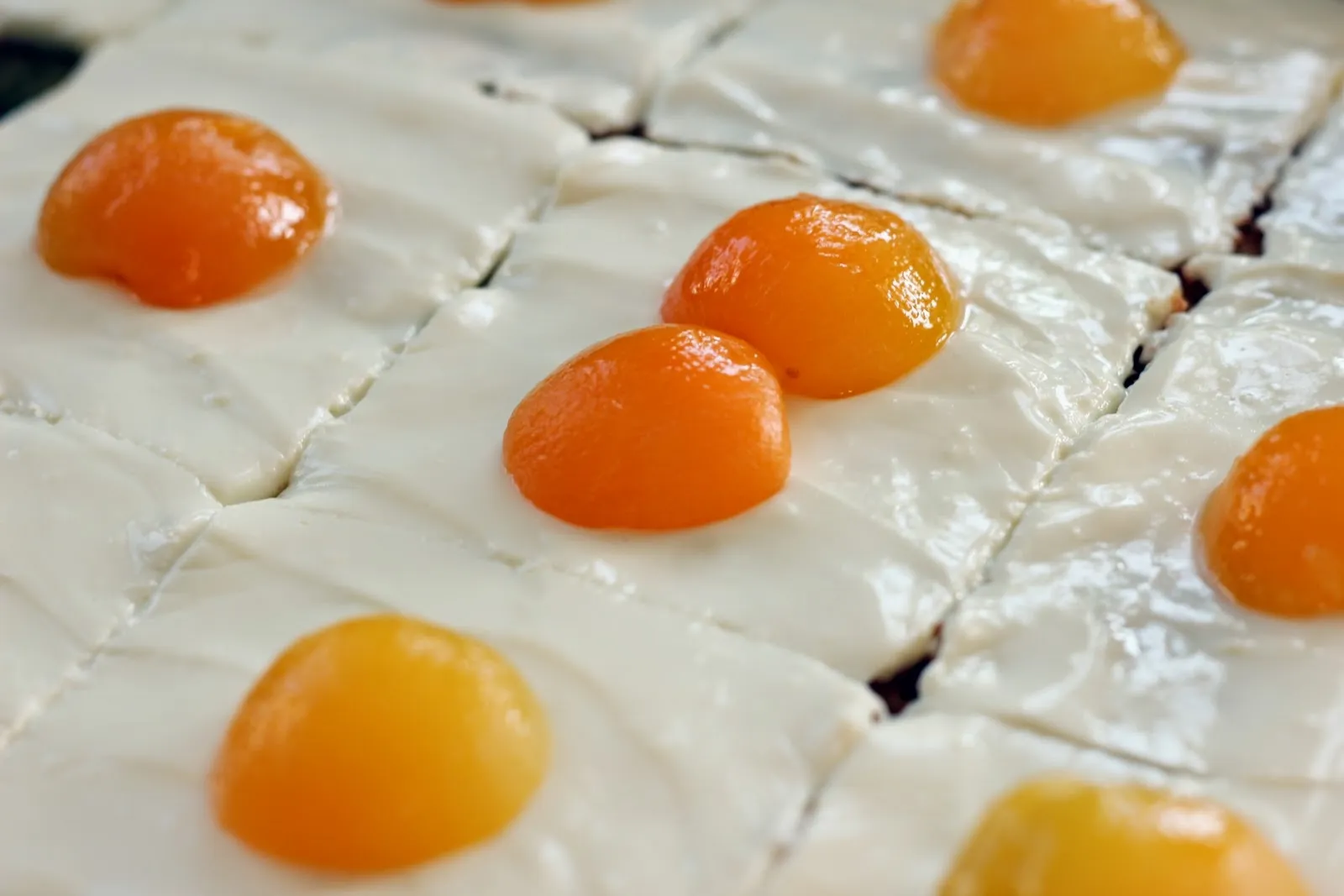 Detaillierte Ansicht des Spiegelei-Kuchens mit Fokus auf die Aprikosenhälften und die cremige Schicht