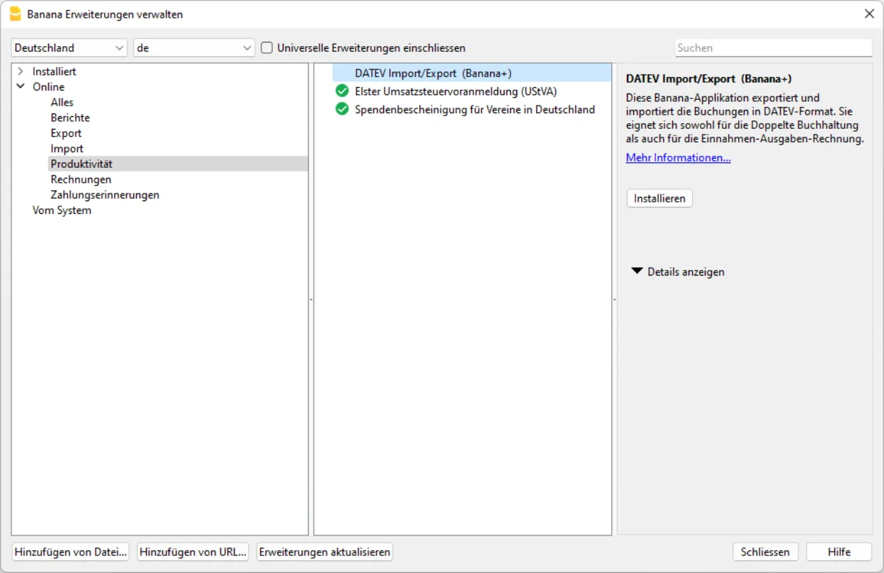 Dialogfenster für die Installation der DATEV-Import/Export-Erweiterung in Banana Buchhaltung