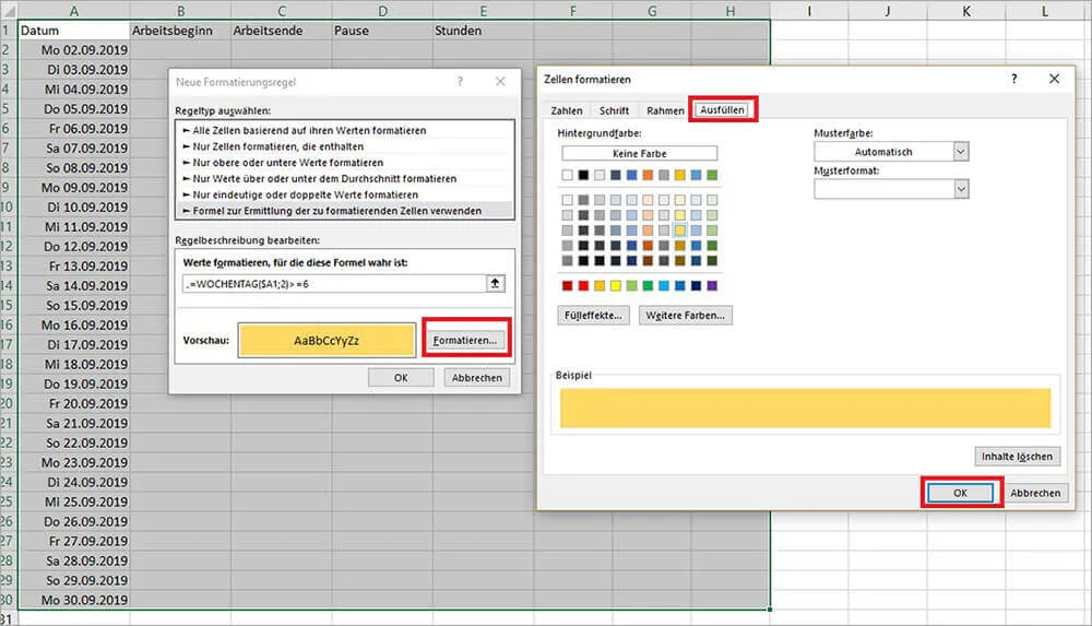 Dialogfenster Zellen Formatieren mit der Registerkarte Ausfüllen und Farbauswahl