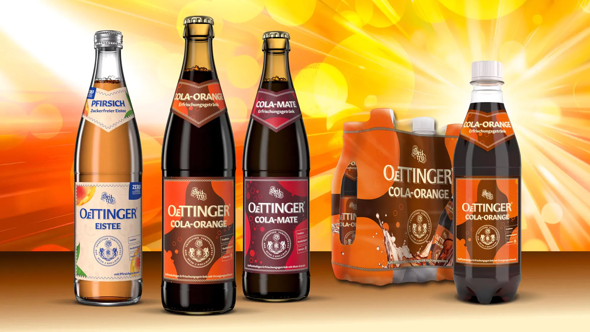 Die alkoholfreien Frühlingsneuheiten von OeTTINGER: Eistee Pfirsich zuckerfrei, Cola-Orange, Cola-Mate und Cola-Orange im PET-Sixpack.