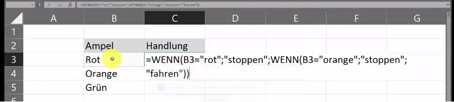 Die Formel der verschachtelten WENN-Funktion in Excel zur Ampelsteuerung