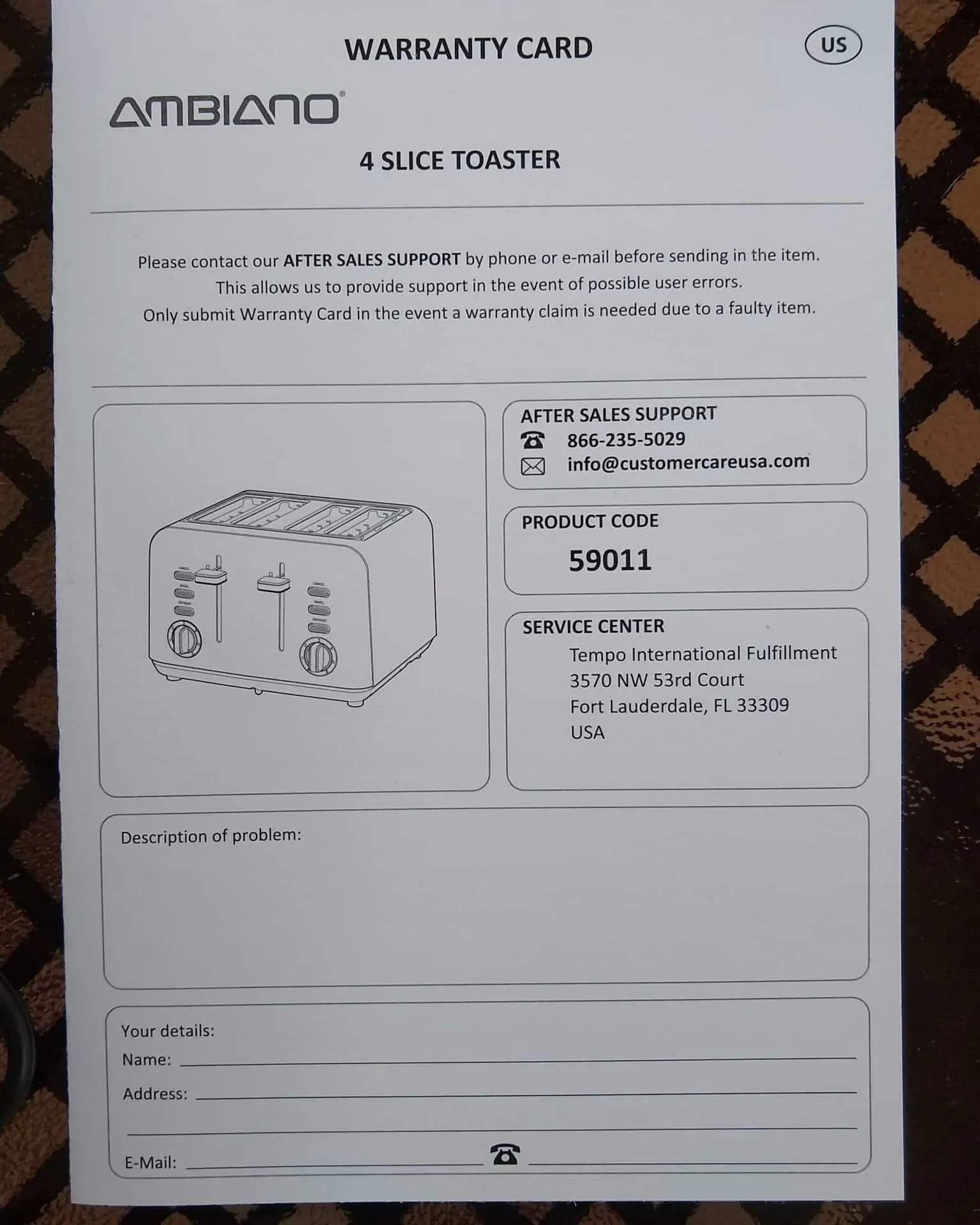 Die Garantiekarte des Ambiano Toasters