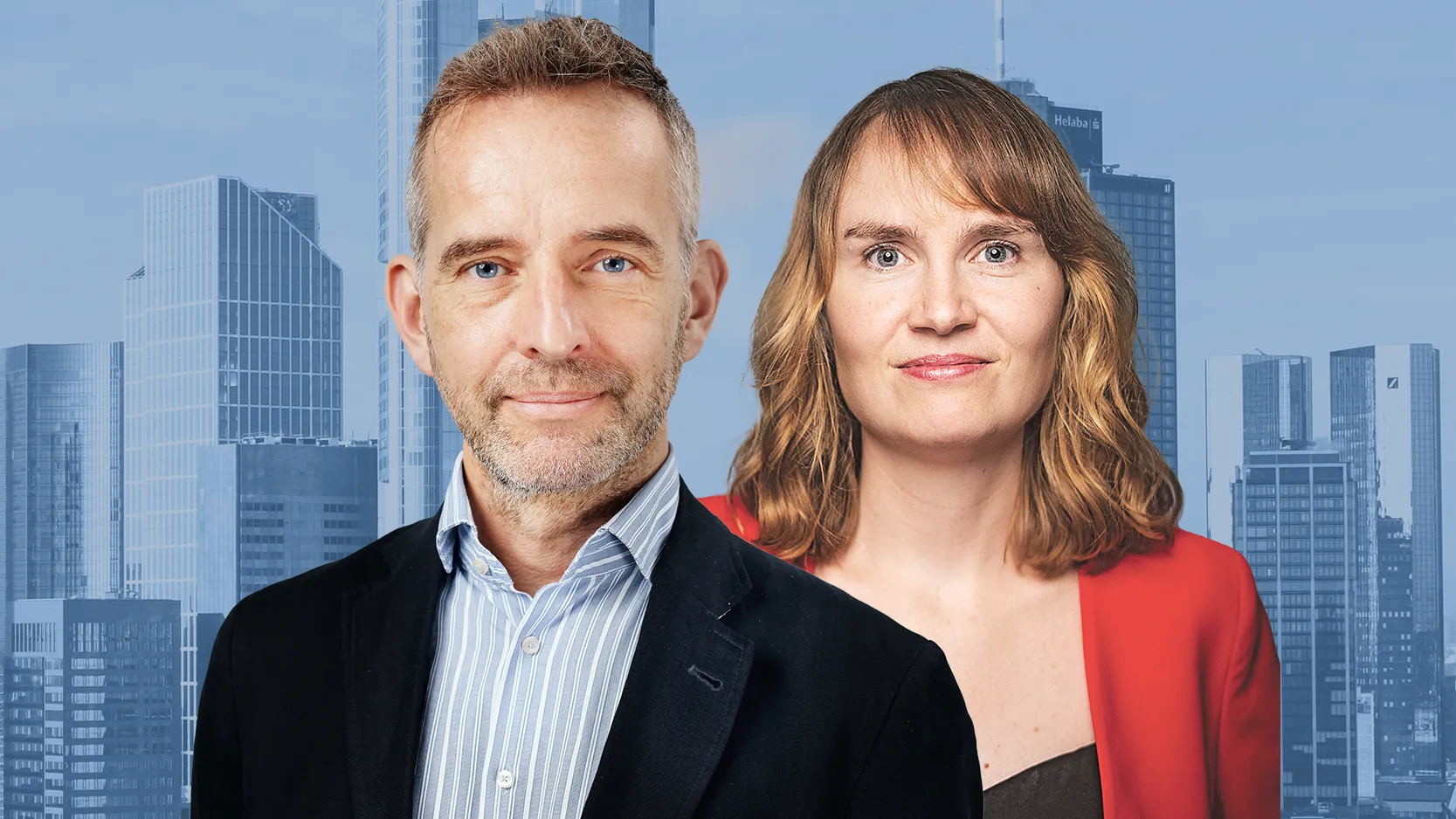 Die Morning Briefing Autoren Teresa Stiens und Christian Rickens vor der Skyline Frankfurts.