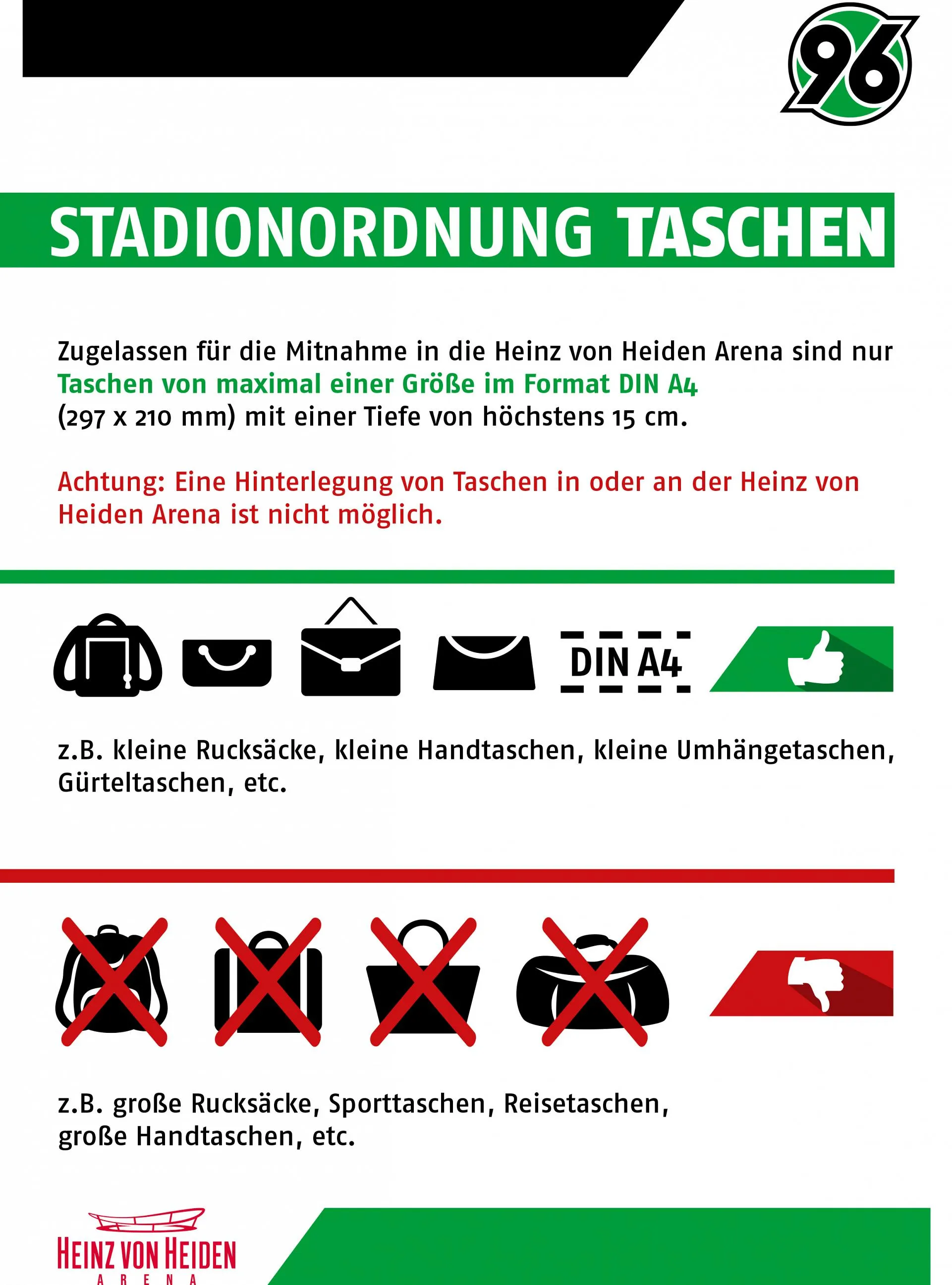 Die Stadionordnung mit verbotenen Gegenständen grafisch dargestellt.
