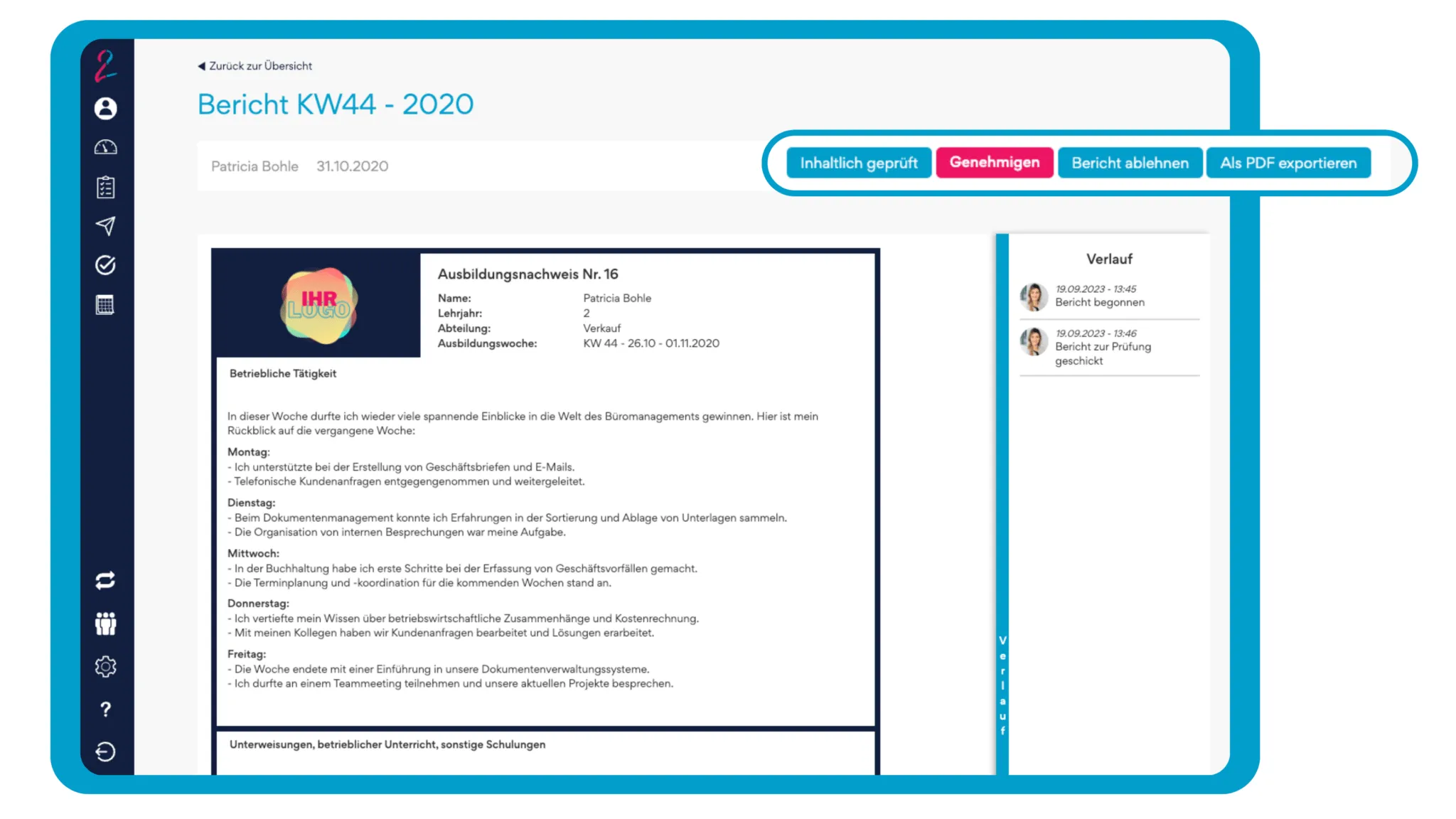 Digitales Berichtsheft Benutzeroberfläche