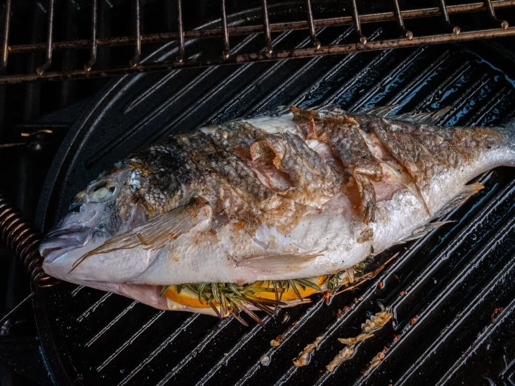 Dorade wird auf einer Grillplatte perfekt gegrillt