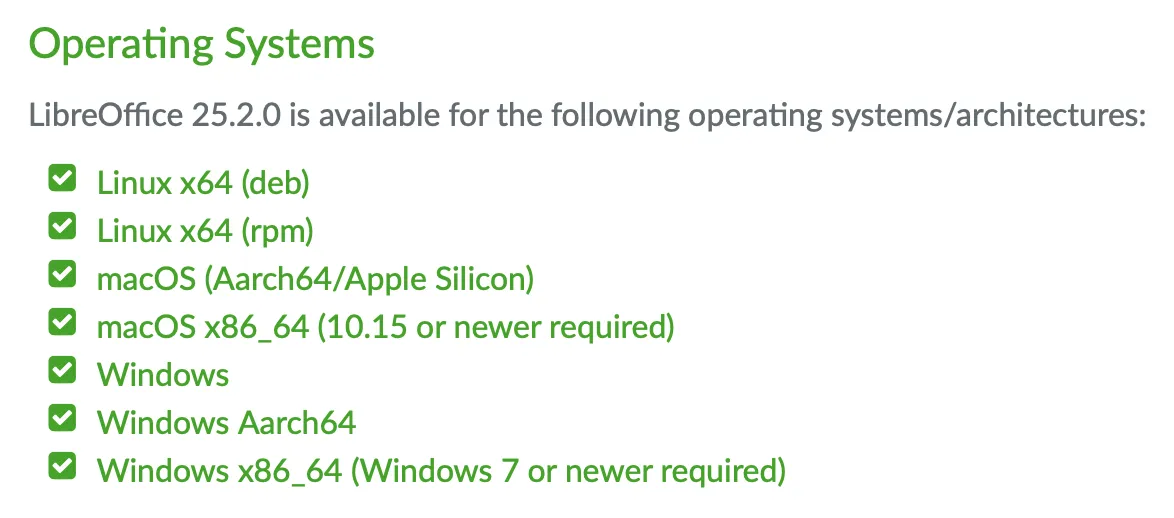 Download-Optionen für LibreOffice, die x86_64 (Intel) und Aarch64 (Apple Silicon) anzeigen