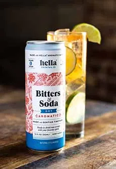 Dry Aromatic Hella Bitters & Soda mit Gurken- und Zitronenscheiben garniert