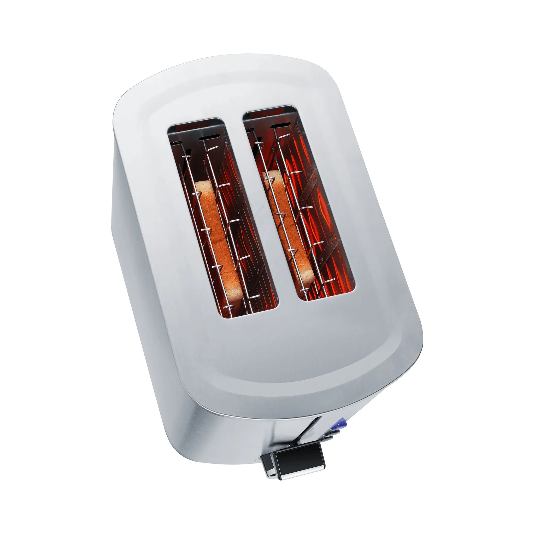 Edelstahl-Toaster von Steba mit zwei Schlitzen, sichtbar geröstetes Brot und Bedienknopf. Draufsicht auf das Gerät.