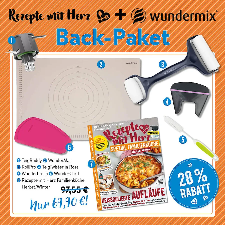 Ein Back-Paket mit Herz, bestehend aus Backzubehör und Zutaten