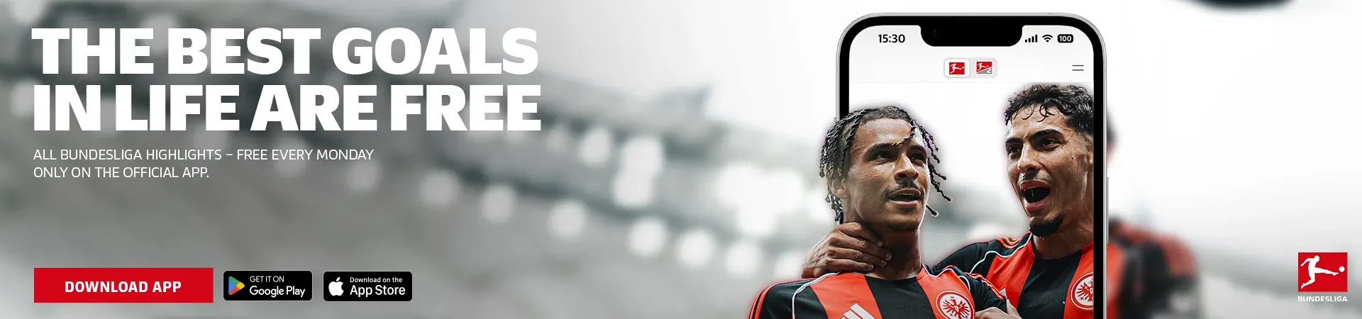 Ein Banner mit Highlights der Bundesliga-App, die das Fan-Erlebnis bereichert