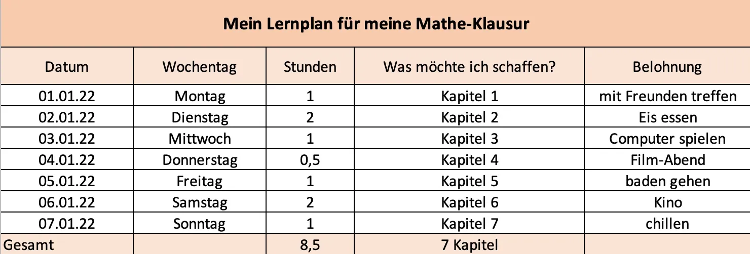 Ein Beispiel für einen formatierten Lernplan in Excel, der Zellen, Rahmen und Überschriften nutzt.