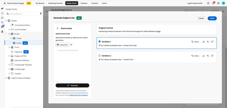 Ein Bild, das die E-Mail-Assistentenfunktion von Adobe Marketo Engage zeigt, die das Erstellen von Betreffzeilen und E-Mail-Inhalten mithilfe von KI unterstützt