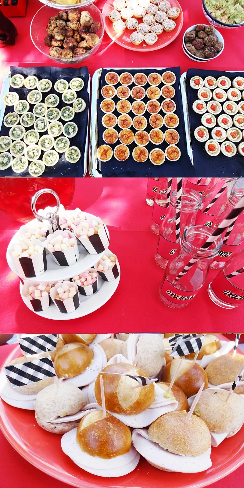 Ein Buffet mit herzhaften Snacks wie Frikadellen und Quiches, dekoriert für eine LEGO-Party