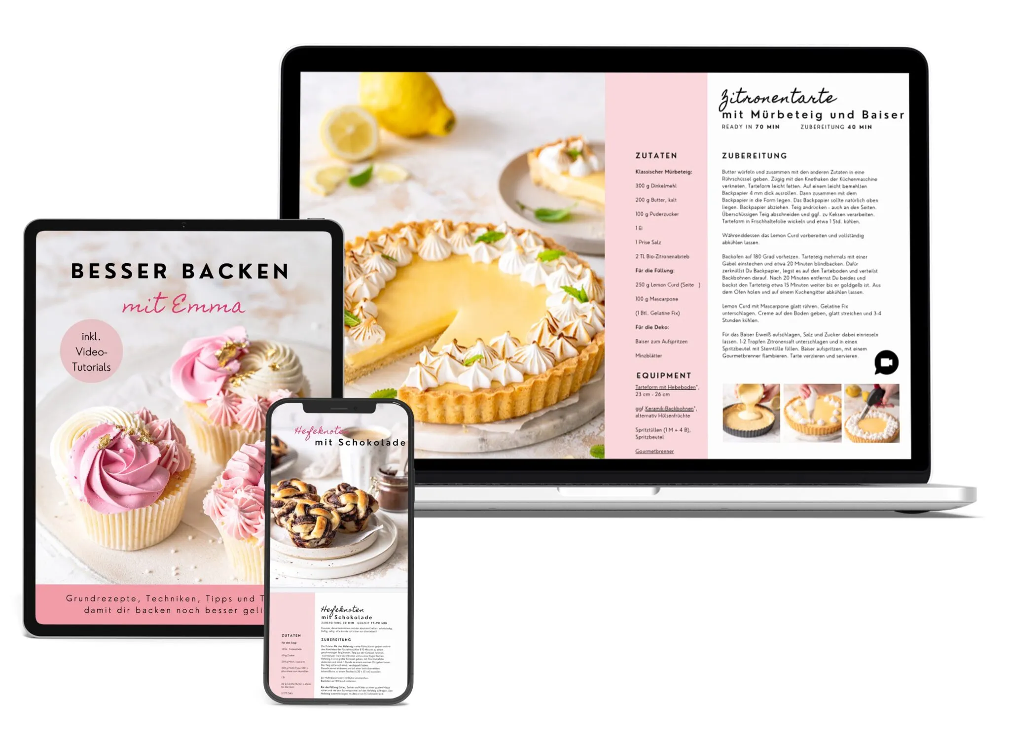 Ein Cover des "Besser Backen mit Emma"-eBooks, das verschiedene Gebäckstücke und Backutensilien zeigt