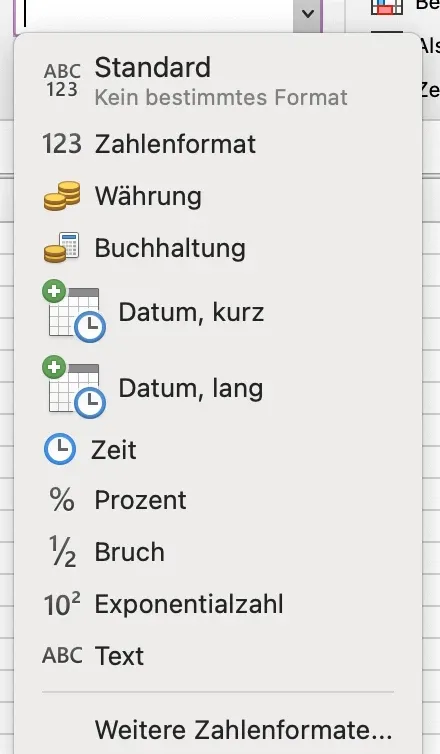 Ein Dropdown-Menü in Excel, das verschiedene Optionen zur Formatierung von Zahlenwerten wie Währung, Datum und Prozent anzeigt.