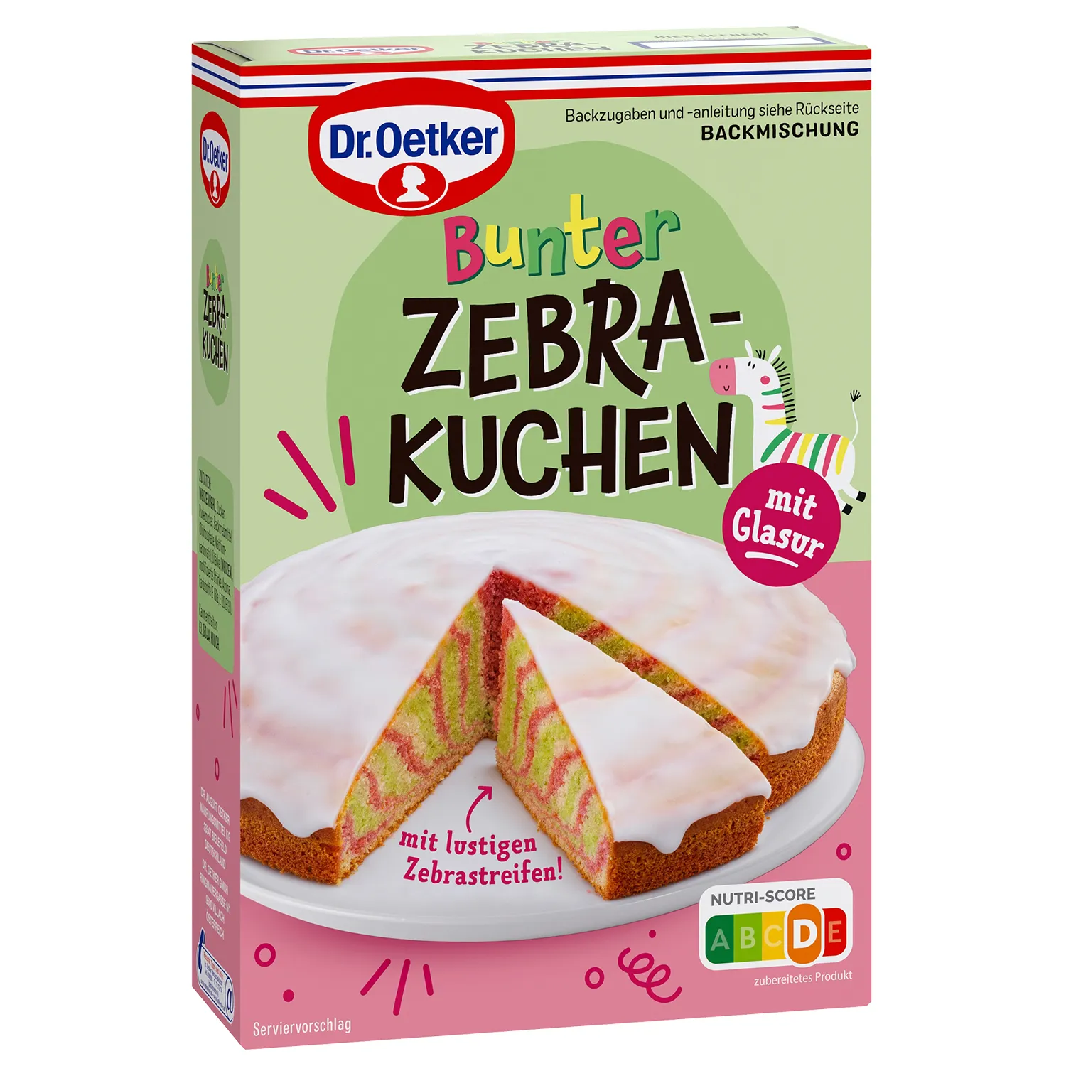 Ein fertig gebackener bunter Zebrakuchen auf einer Tortenplatte