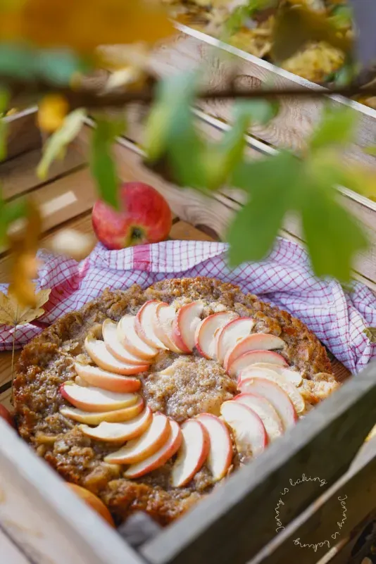 Ein fertiger Apfel-Mandel-Kuchen, frisch aus dem Ofen