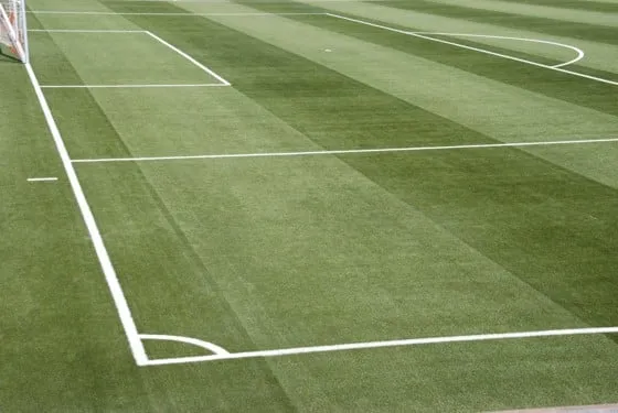 Ein Fußballfeld mit grünem Rasen und weißen Linien, einschließlich des Strafraums und eines Eckpunkts.