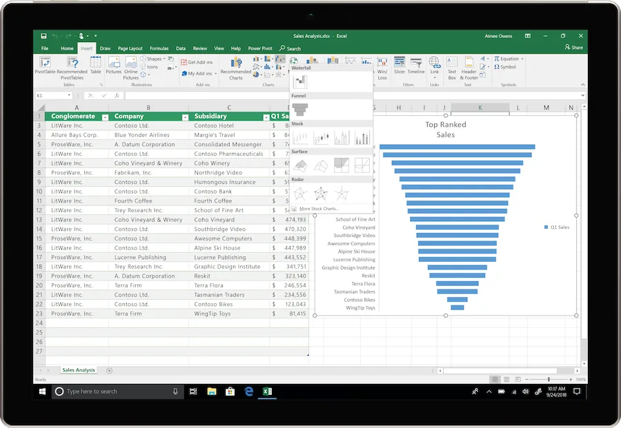 Ein Gerät zeigt Excel in Office 2019 mit neuen Datenanalysefunktionen