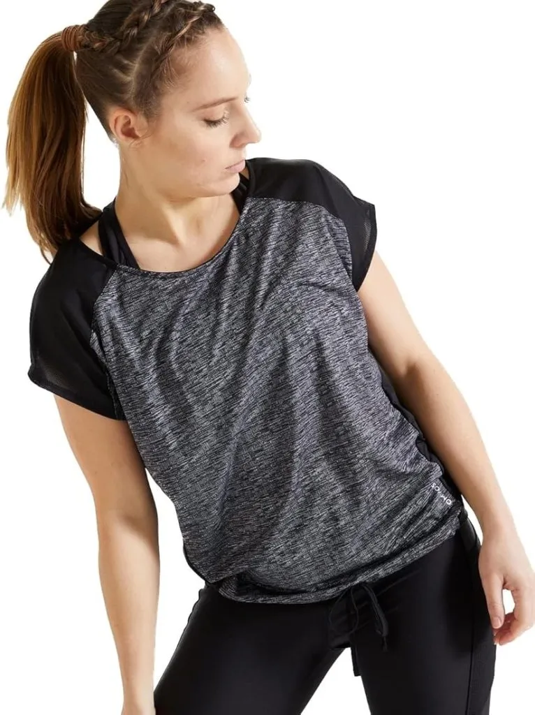 Ein graues und schwarzes Rundhals-T-Shirt für Damen von Domyos